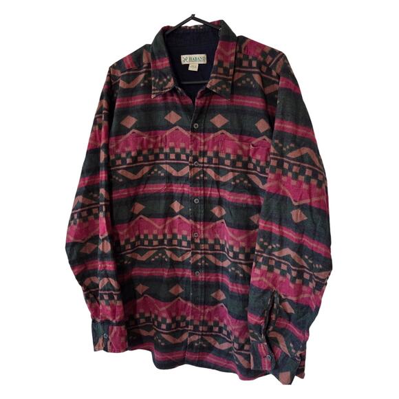 Vintage Haband Mens Large Aztec Button Up Flannel Collard Indie Shirt 2 Pocket - Picture 3 of 6